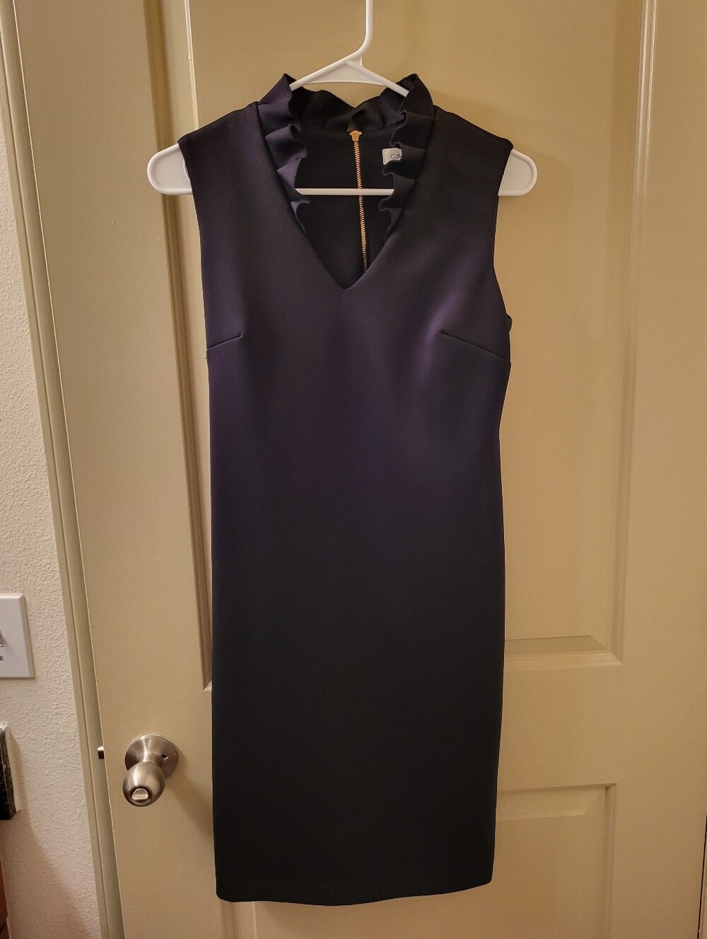 Calvin Klein Black Ruffle Collar Sleeveless Midi Sheath Dress